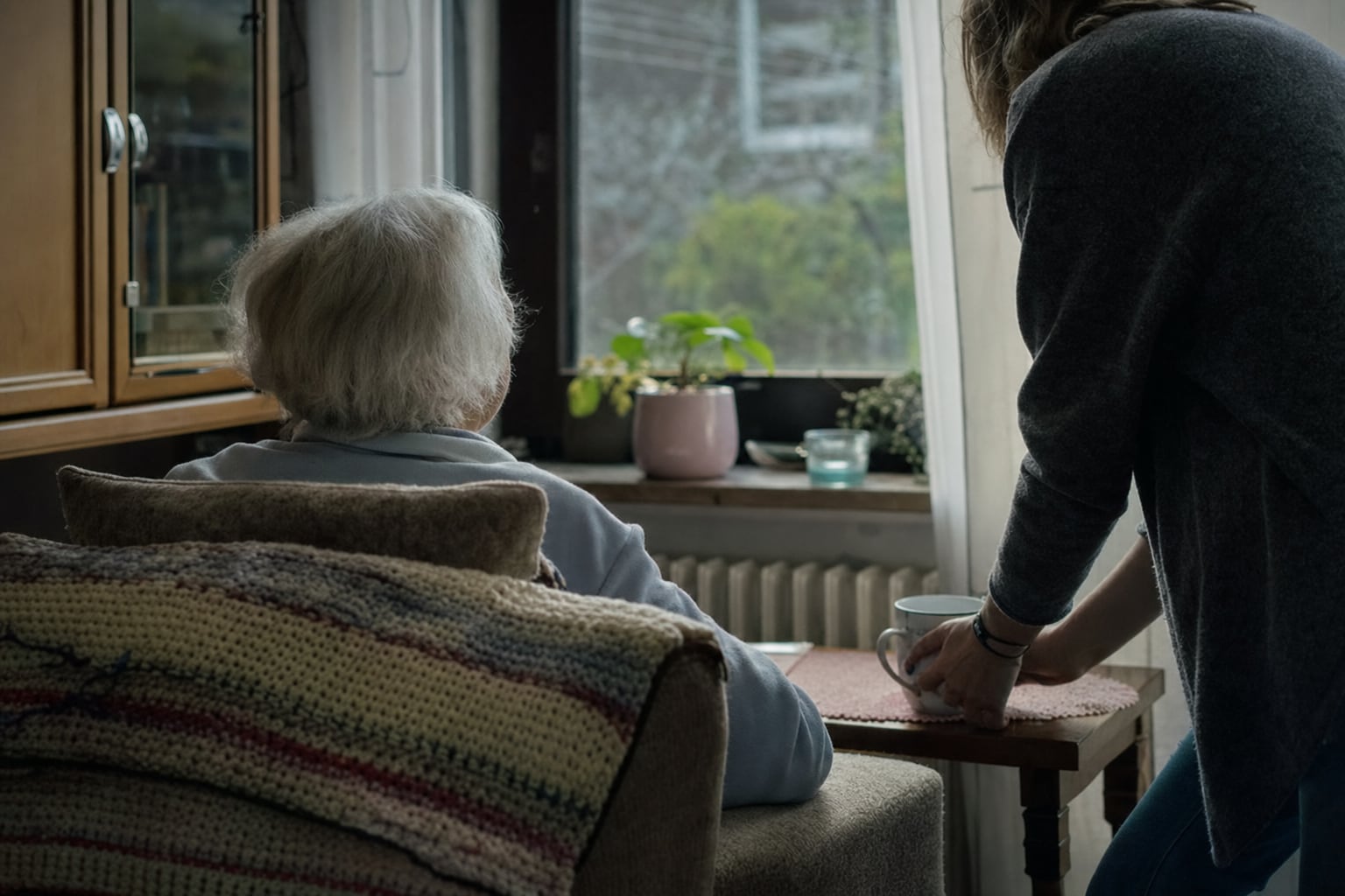 Ältere Person im Sessel am Fenster, eine Betreuungskraft stellt eine Tasse ab