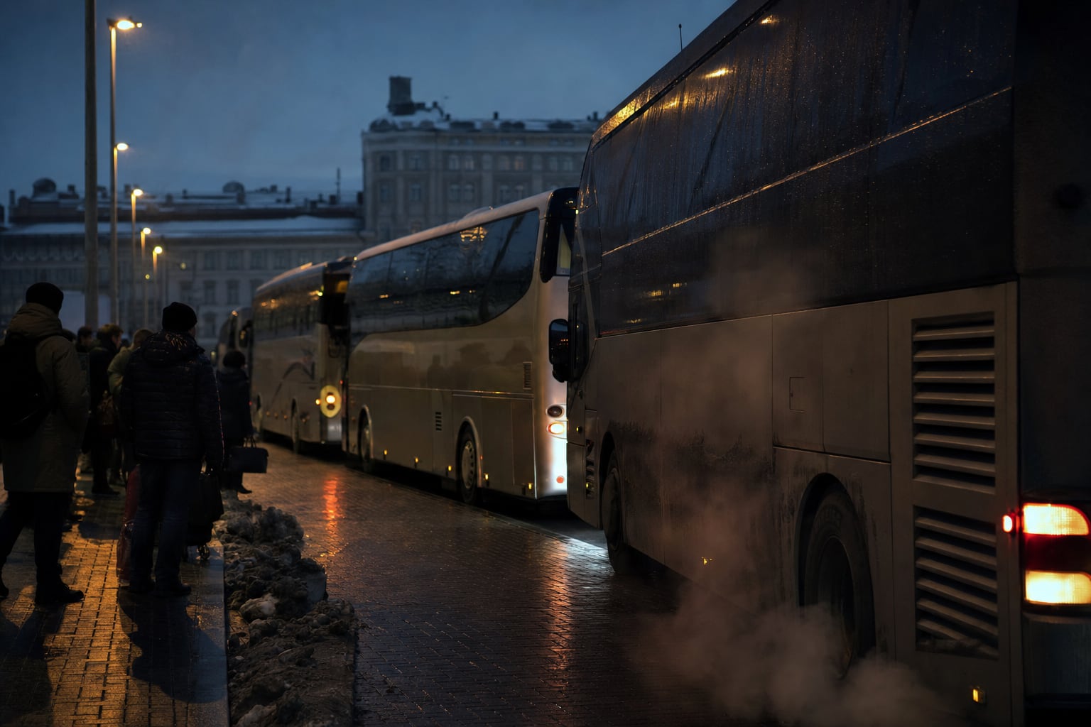 Reihe wartender Shuttlebusse an einer Haltestelle in der Dämmerung