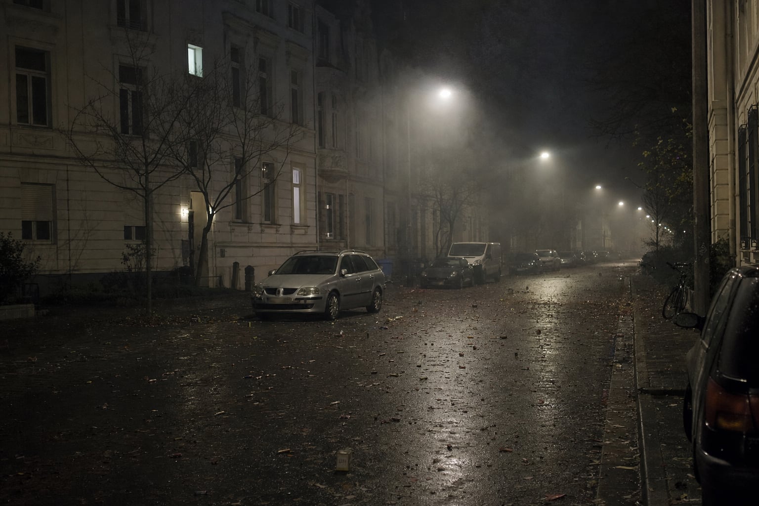 Wohnstraße kurz nach Mitternacht, Rauchschwaden unter den Straßenlaternen