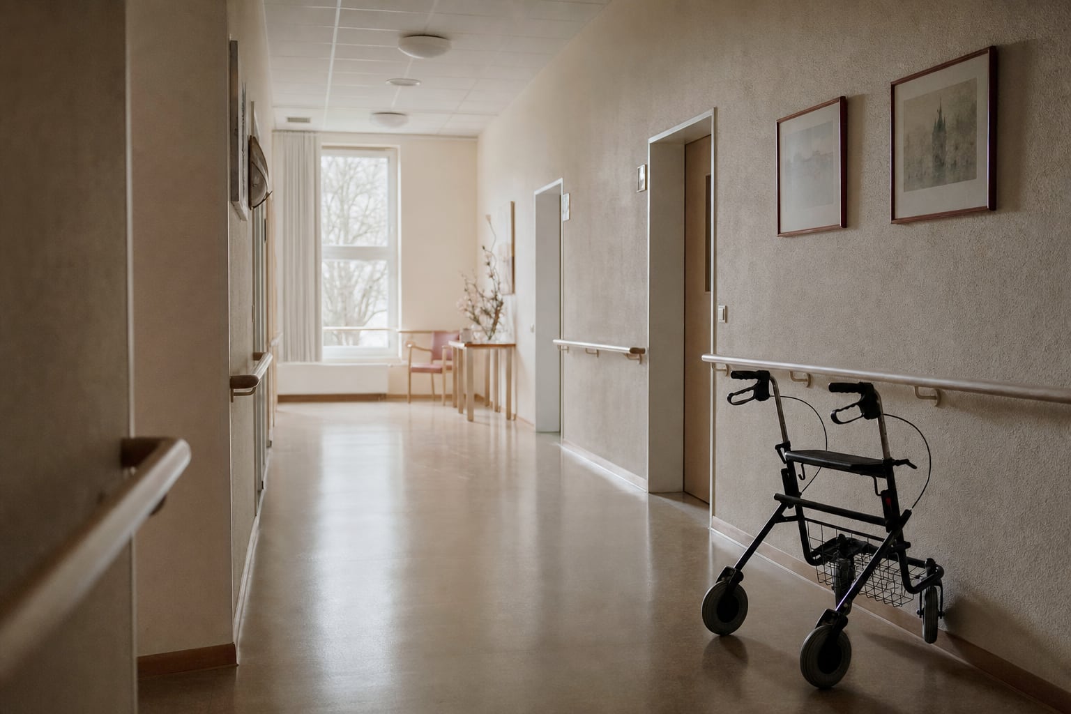 Ruhiger Flur in einem Pflegeheim mit Handlauf und Tageslicht