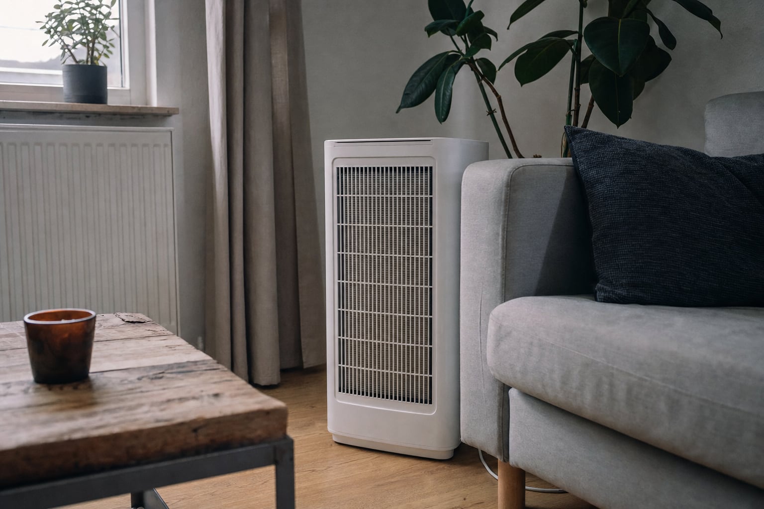 Luftreiniger neben einem Sofa in einer Wohnung, Tageslicht vom Fenster