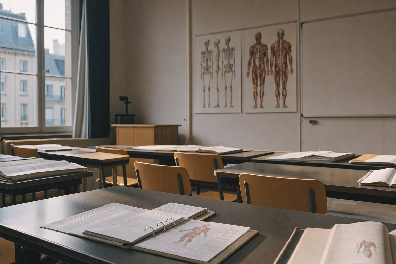 Klassenraum einer Pflegeschule mit Tischen, Ordnern und Anatomietafeln