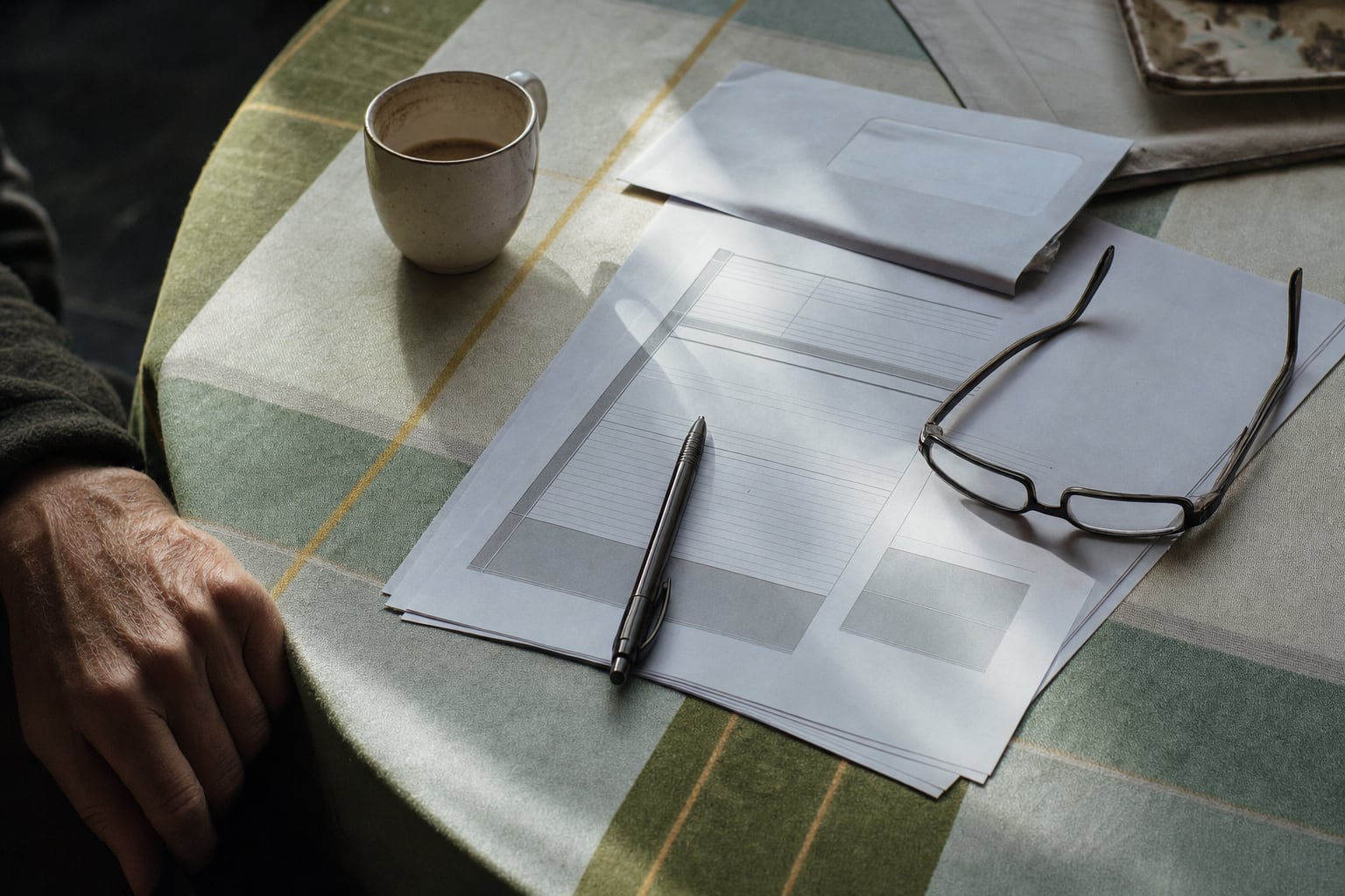 Formulare, Kugelschreiber und Lesebrille auf einem Küchentisch im Morgenlicht