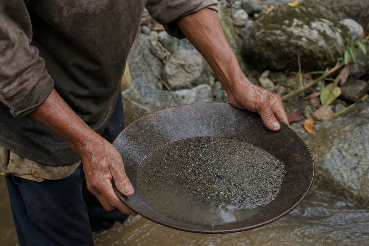 Hände halten eine Pfanne mit Flusssediment und feinen Goldflocken
