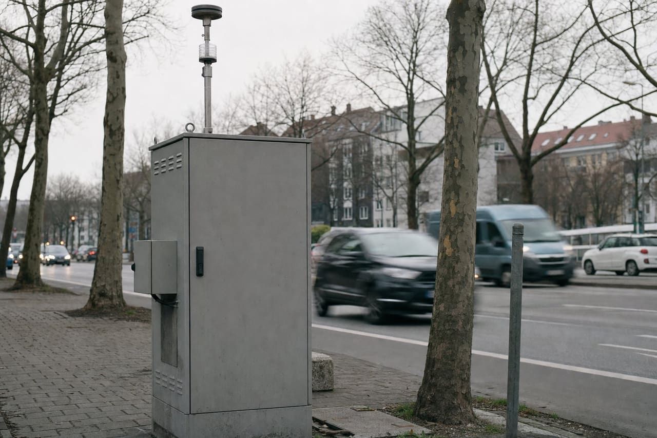 Graue Messstation am Straßenrand mit Probenahmerohr, Verkehr im Hintergrund