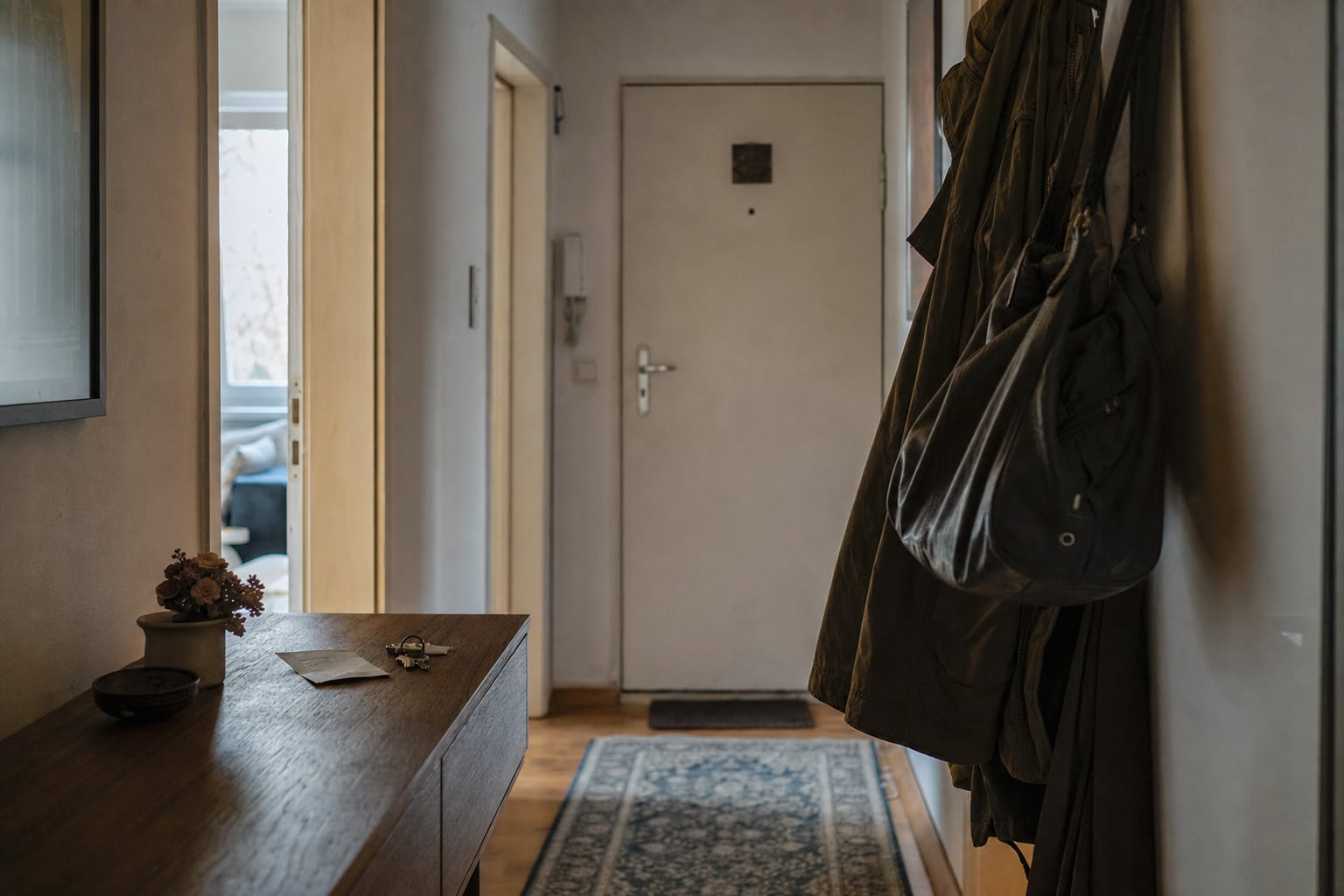 Mantel und Tasche einer Betreuungskraft an der Wohnungstür, Schlüssel auf der Kommode