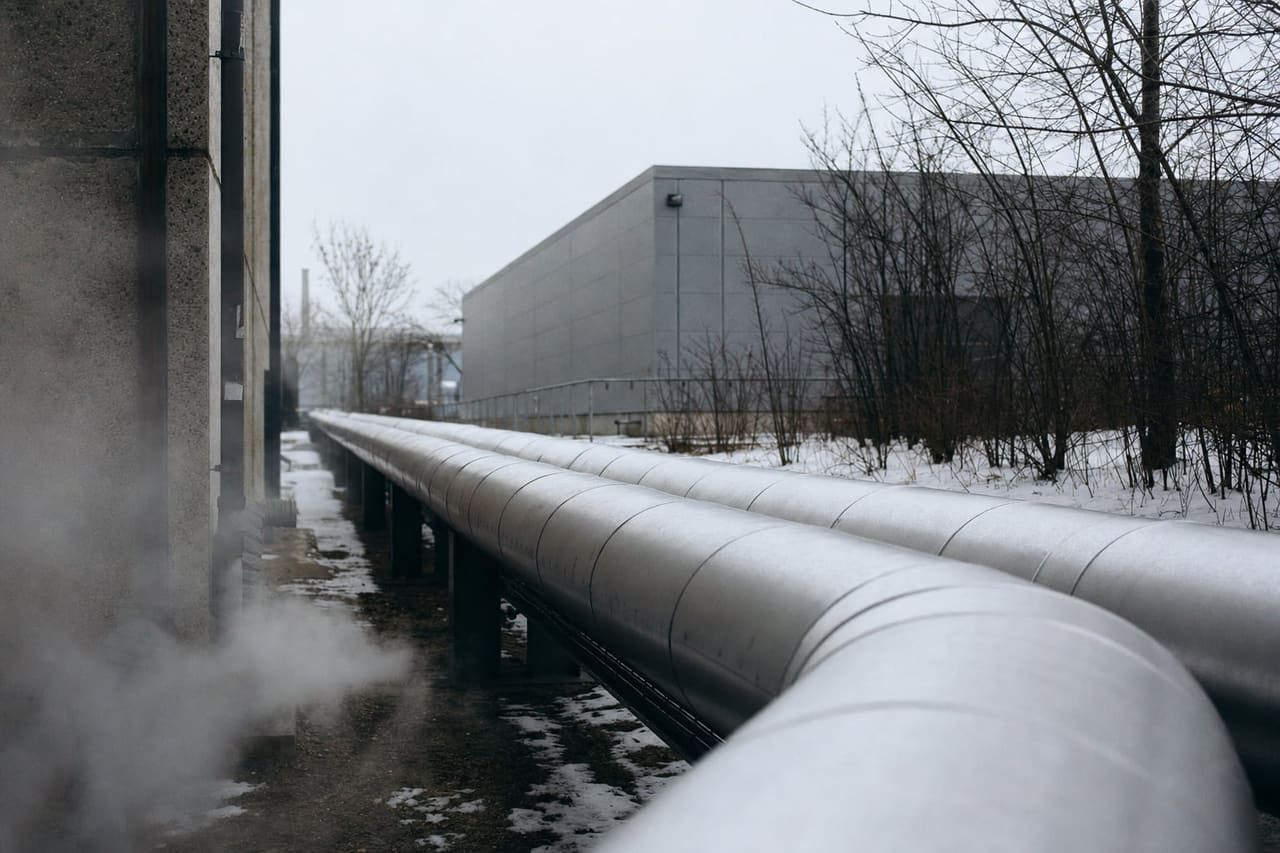 Gedämmte Fernwärmeleitungen auf einem Industriegelände, Dampf in kalter Luft
